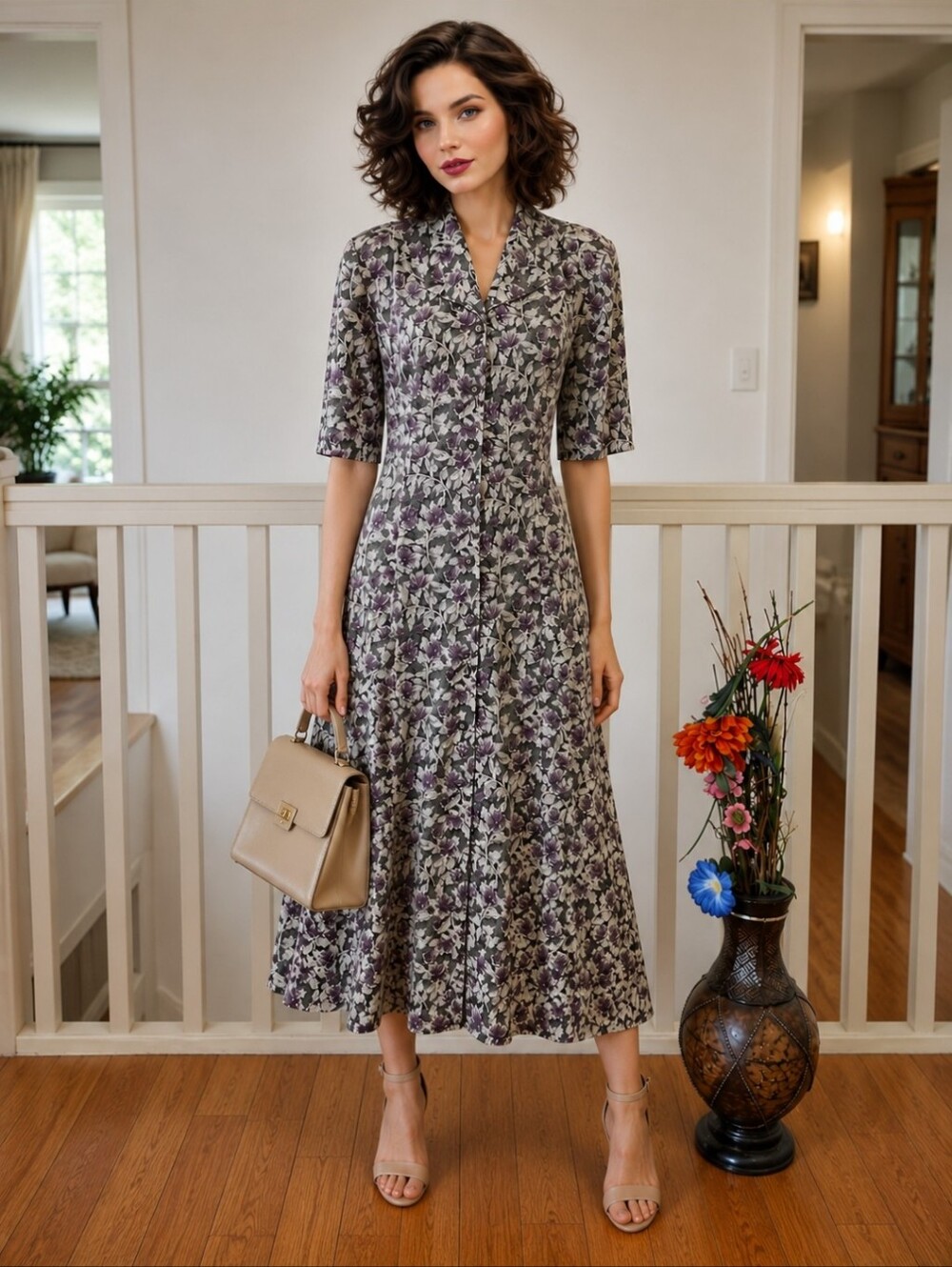Vintage Floral Fit & Flare Midi Dress | Decorative Buttons | Cottagecore